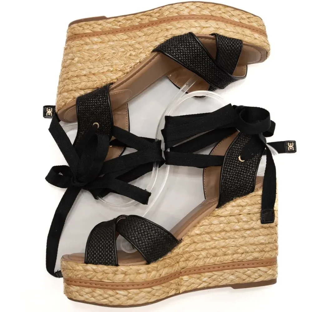 New Sam Edelman Black Strappy Vaughn Espadrille Wedge Sandals Size 10